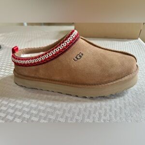 UGG Chestnut Suede Mule with Red and White Trim